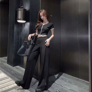 [clip thật] Quần ống rộng có dây cột eo sexy