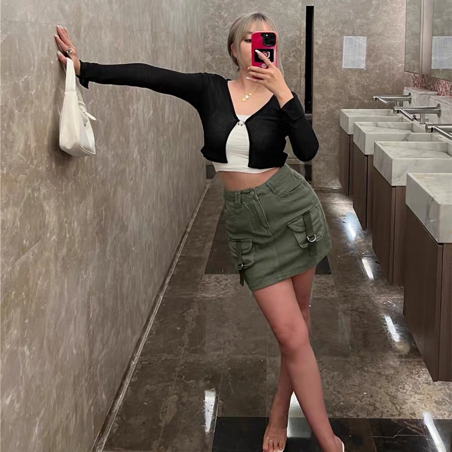 Chân Váy Denim Lưng Cao Có Túi Thời Trang Mùa Hè Cho Nữ