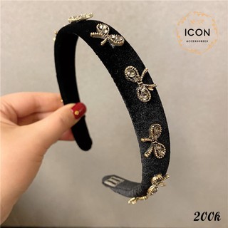 BỜM NHUNG ĐÍNH ĐÁ NƠ HÀN QUỐC cao cấp. Chất nhung mỏng. Màu Đen - kẹp tóc nơ, phụ kiện tóc, bờm