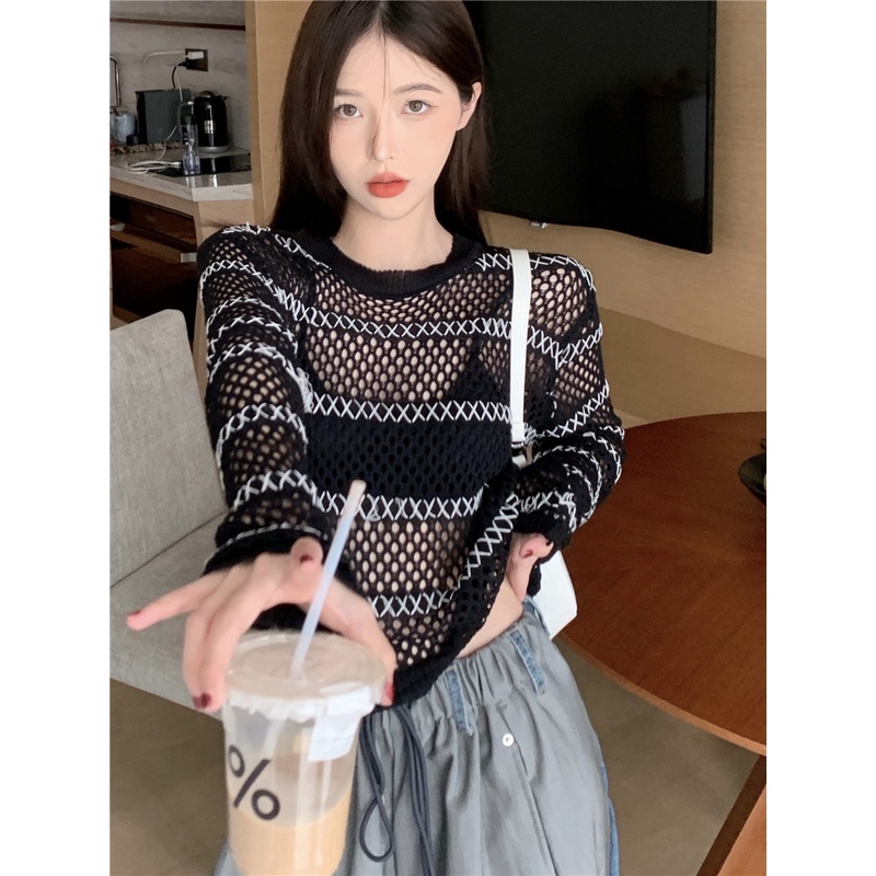 Cocory vn Áo Croptop Mỏng Tay Dài Cổ Tròn Dáng Rộng Trong Suốt Thời Trang Mùa Hè Quyến Rũ Cho Nữ