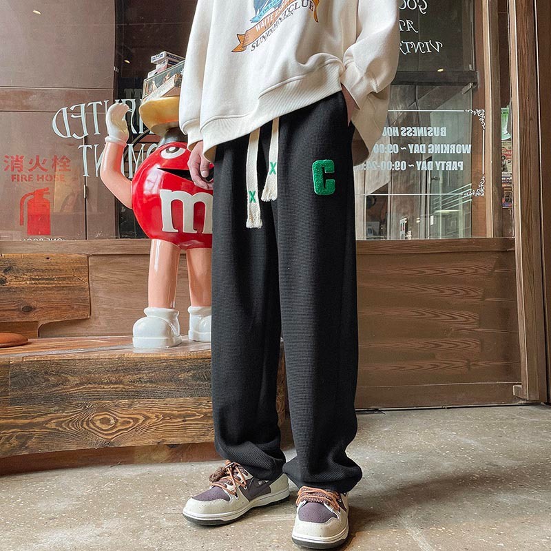 Quần ống rộng nữ nam chữ C vải tổ ong, quần dài thể thao unisex trẻ trung