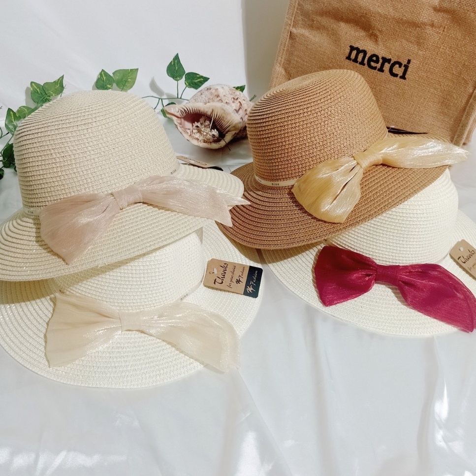 Nón cói,mũ cói nữ mềm vành nhỏ phối nơ voan phồng tiểu thư hàng nhập cao cấp_vành nhỏ voan phồng