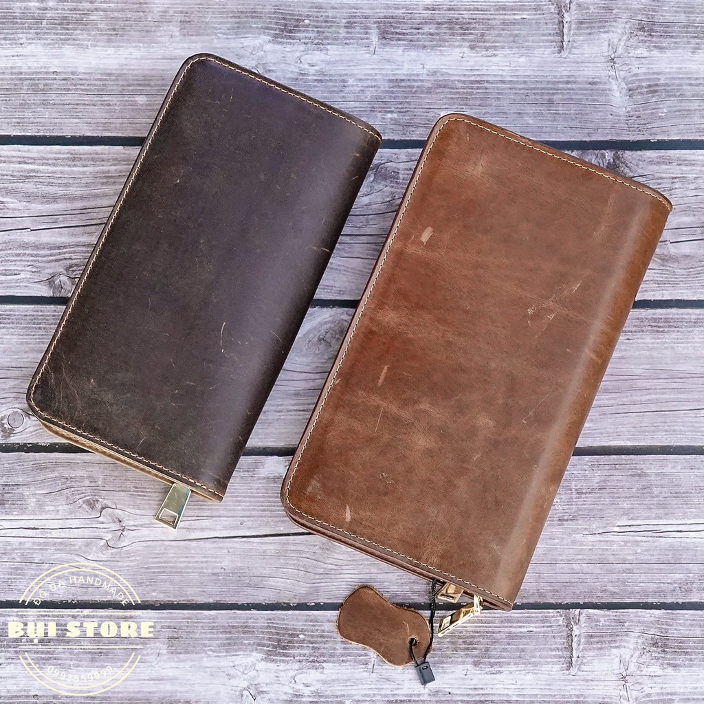 Clutch cầm tay, Ví da cầm tay da bò sáp 100% da thật Handmade khâu tay