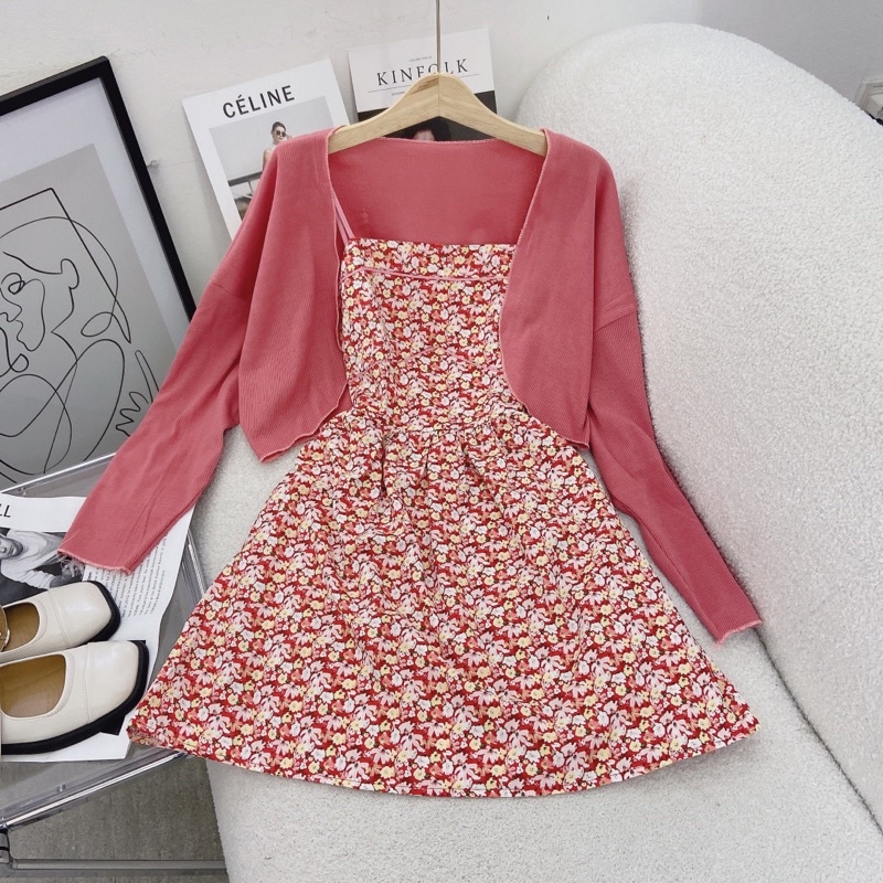 SET ĐẦM HOA 2 DÂY + ÁO KHOÁC HỒNG