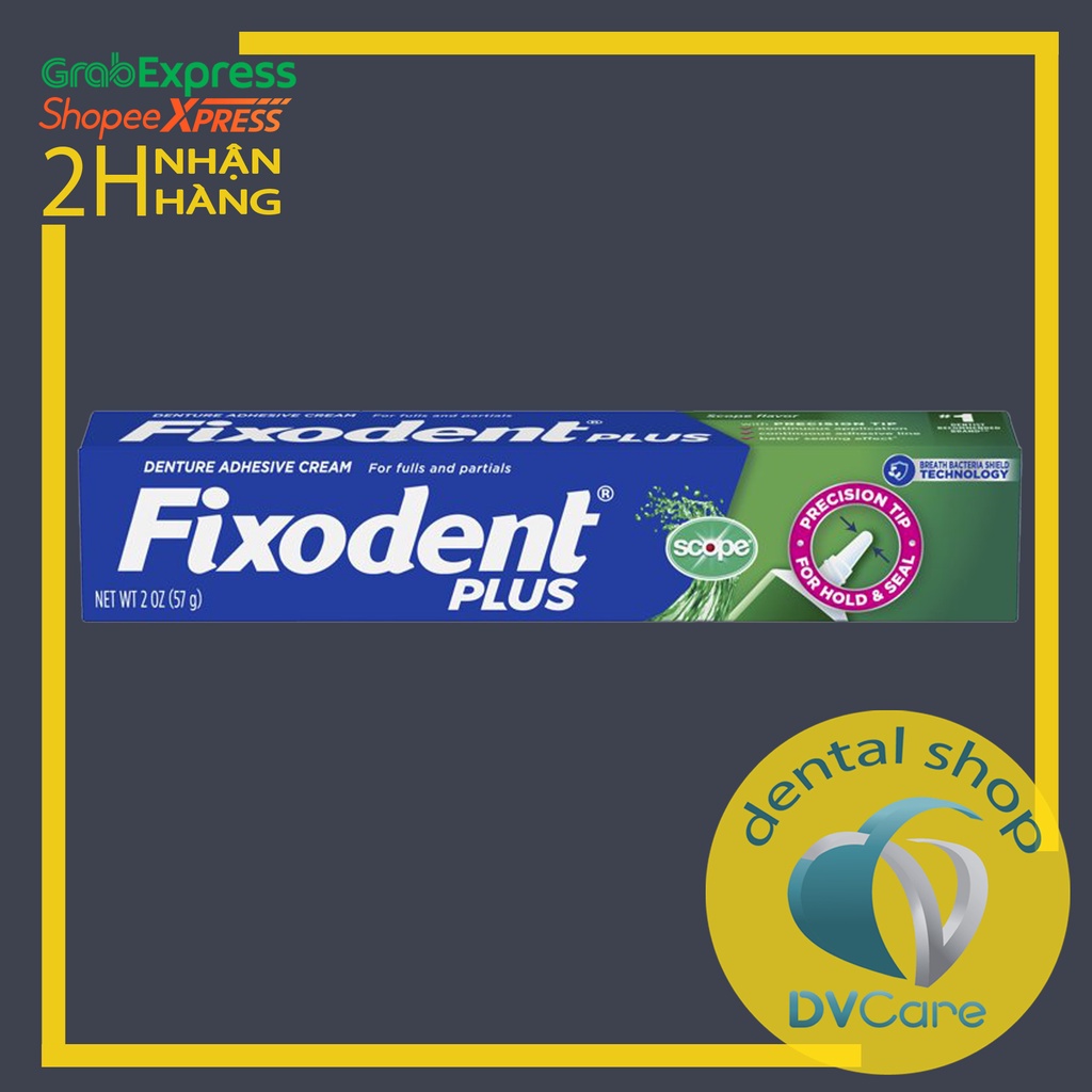 Keo dán hàm giả hàm răng giả hàm tháo lắp Fixodent Plus Scope 57g USA hương bạc hà dịu nhẹ thơm miệng