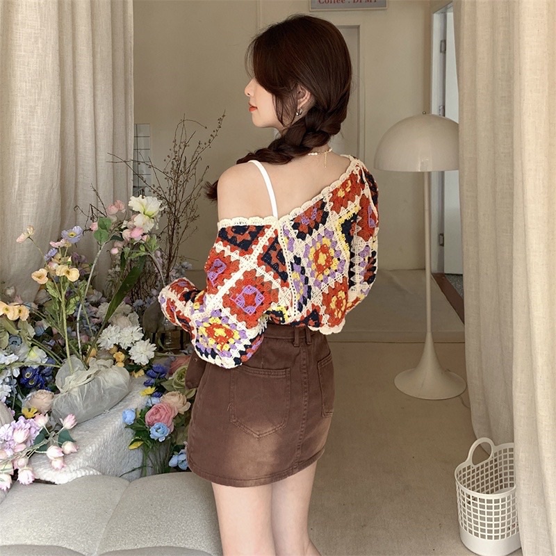 Áo cardigan len Đan móc hoạ tiết hoa giống Joy RED VELVET trong MV Hello