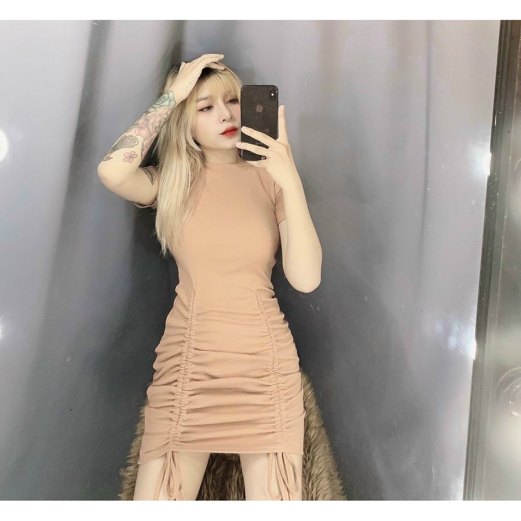 Đầm ôm body trơn rút dây 2 bên cực tôn dáng , chất thun bozip dày dặn co giãn