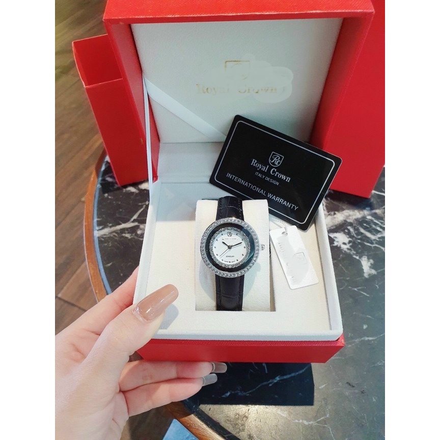 Đồng hồ nữ dây da RCrown32 thời trang đính đá dây đen mặt trắng