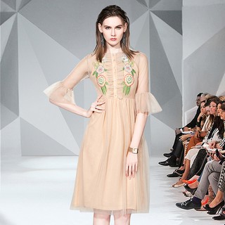 Autumn New Mesh Floral Embroidery Long Flare Sleeve Single Breasted Slim Fit A Line Midi Dress