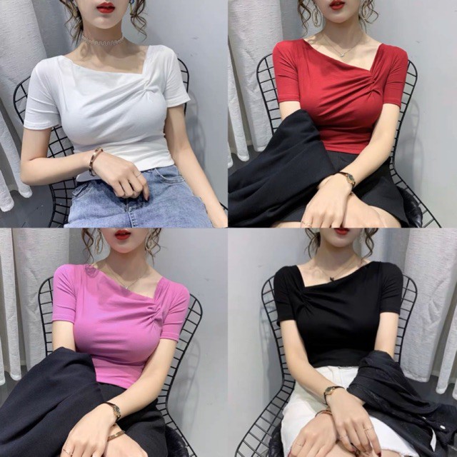 Thời Trang Nữ BÁN SỈ ÁO THUN RÚM VAI 4 MÀU ĐỎ ĐEN TRẮNG HỒNG CHO NỮ Phương Linh Shop