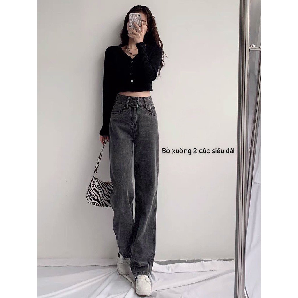 Quần Jeans Ống Rộng - Quần Ống Rộng Nữ Dáng Suông 2 Màu Xanh , Xám - Jeans Lưng Cao 2 Cúc Ulzzang QB001