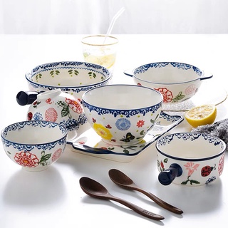 Bộ bát đĩa đẹp họa tiết hoa viền xanh bằng sứ cao cấp phong cách vintage Fiore