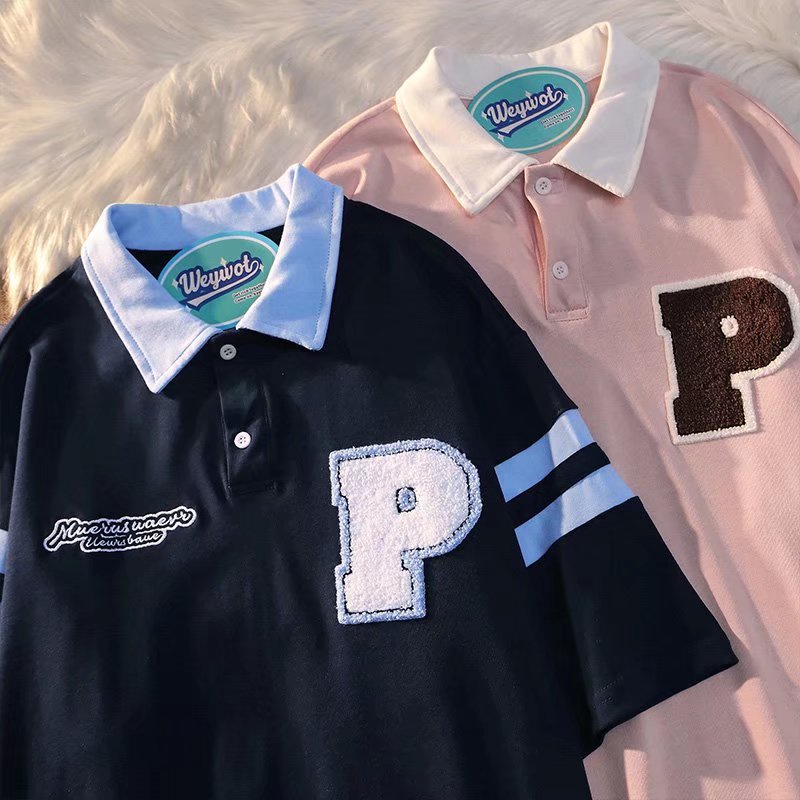 Áo Thun POLO Tay Ngắn Dáng Rộng Thêu Chữ Phong Cách Học Sinh Nhật Bản Dễ Phối Đồ Thời Trang Mùa Hè Cho Nam Nữ Size M-2xl