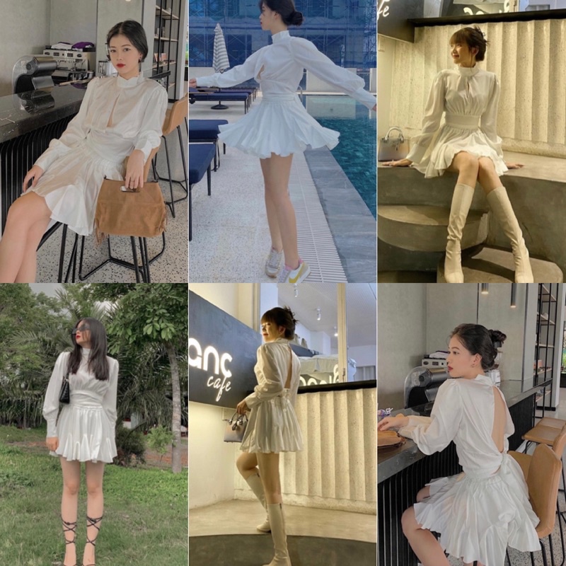 SET ĐỒ OLY SET Màu trắng gồm chân váy và áo croptop Tay Dài thiết kế sang trọng chất vải lụa satin