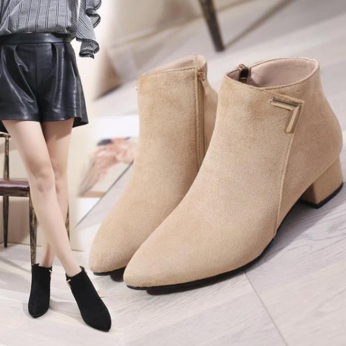 Boots cổ ngắn/Giày nữ, khóa kéo phá cách, da lộn, đế thấp, mũi nhọn, gót thô, kiểu dáng Âu Mỹ - Sale 1