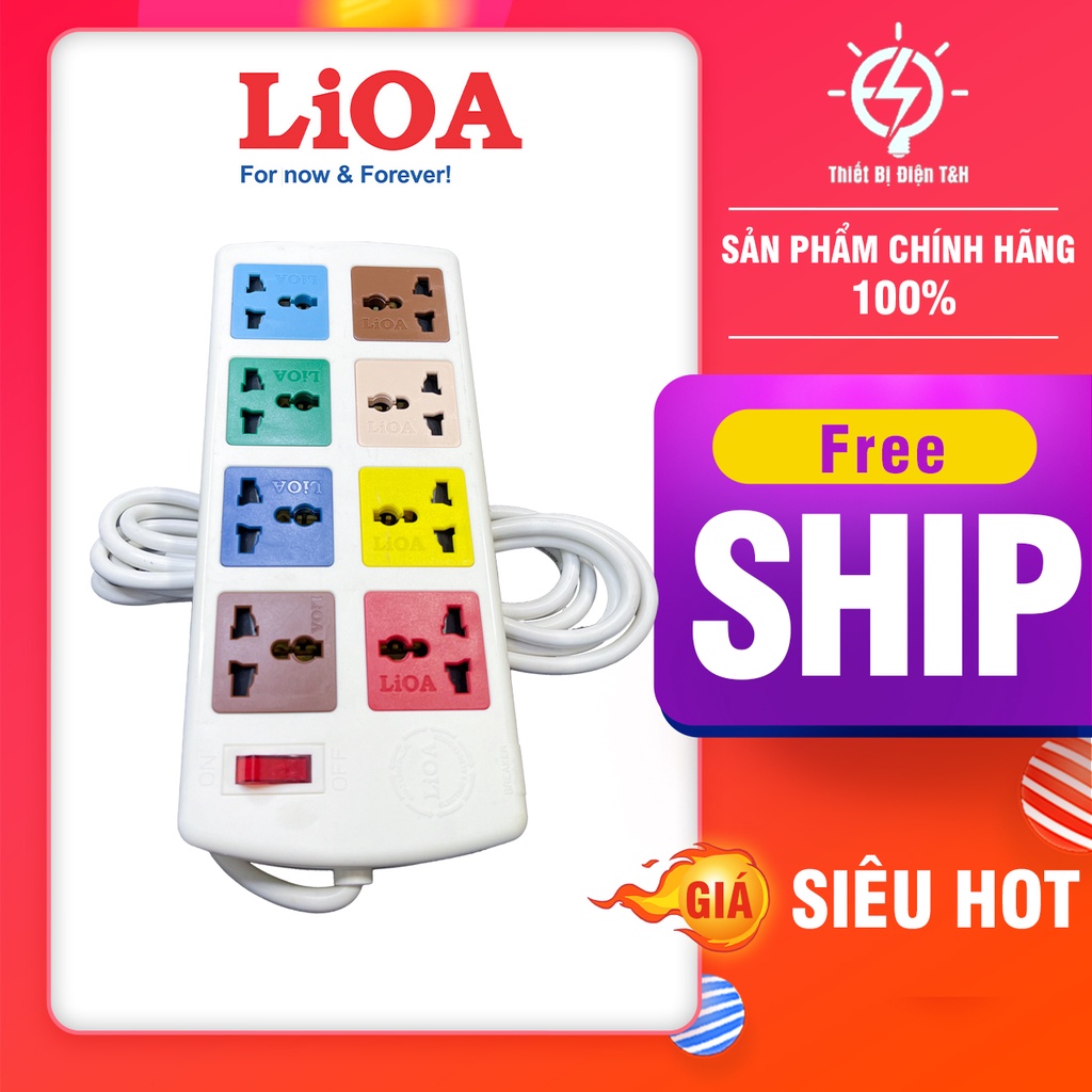 Ổ cắm điện đa năng LIOA, 2200W, 8 ổ cắm, 1 công tắc, dây dài 3M, 5M, 8D32WN - 8D52WN - Thiết Bị Điện T&amp;H