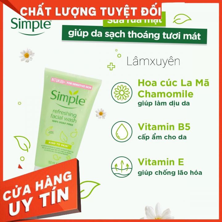 Sữa Rửa Mặt Dịu Nhẹ, Dành Cho Da Nhạy Cảm Simple Kind To Skin Refreshing Facial Wash 150ml  làm sạch bụi bẩn