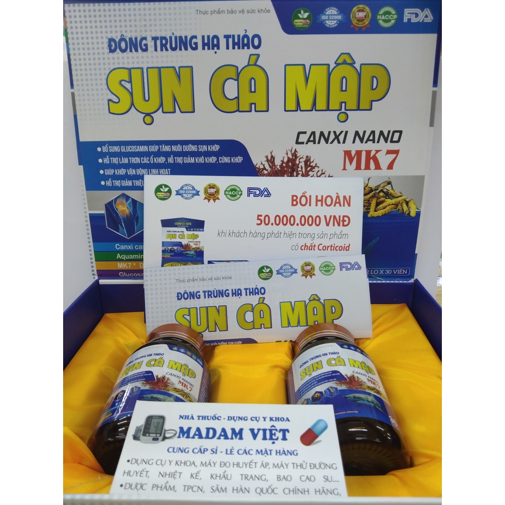 Viên uống Đông trùng hạ thảo Sụn cá mập Canxi nano MK7 - Hộp 2 lọ cao cấp x 30 viên