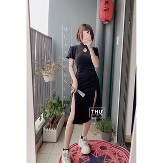 Váy Sườn Xám Thun Xẻ Tà Đùi Khoét Ngực Tay Ngắn