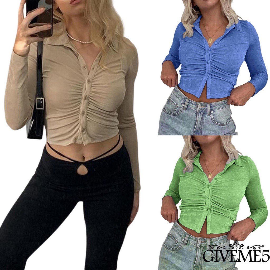 Áo Croptop Tay Dài Cổ Bẻ Màu Sắc Thanh Lịch