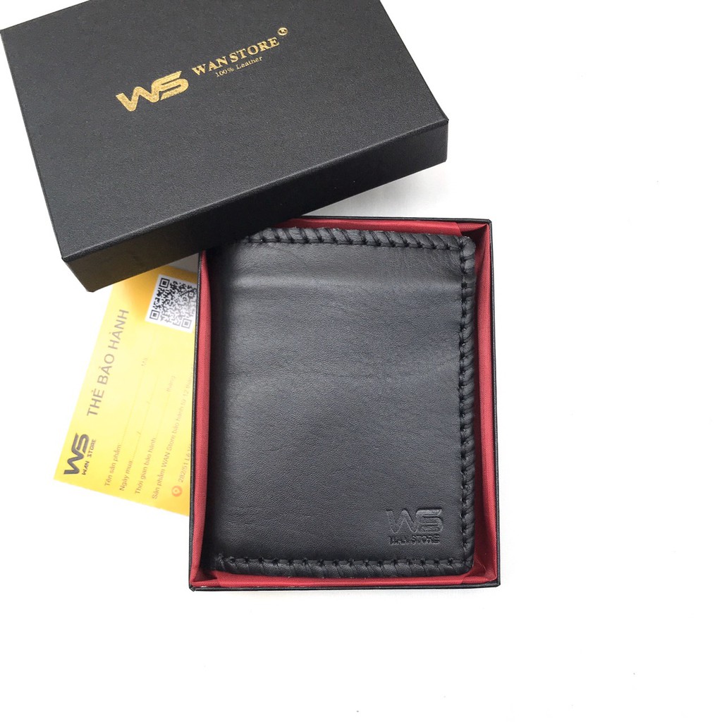 Bóp ví nam WAN da bò 100% Handmade kiểu đứng W01 (Màu đen) - Kèm hộp sang trọng (có phiếu bảo hành) - Wan Store