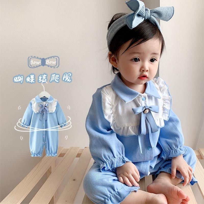 Áo Liền Quần Tay Dài Đính Nơ Chất Liệu Cotton Thời Trang Xuân Thu Xinh Xắn Cho Bé Gái