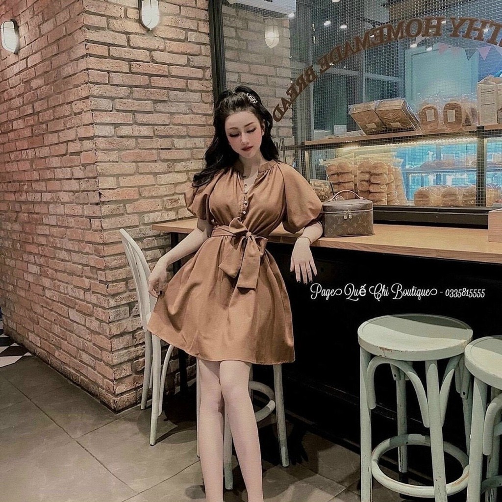 đầm ngắn tay phối nút cột dây eo
