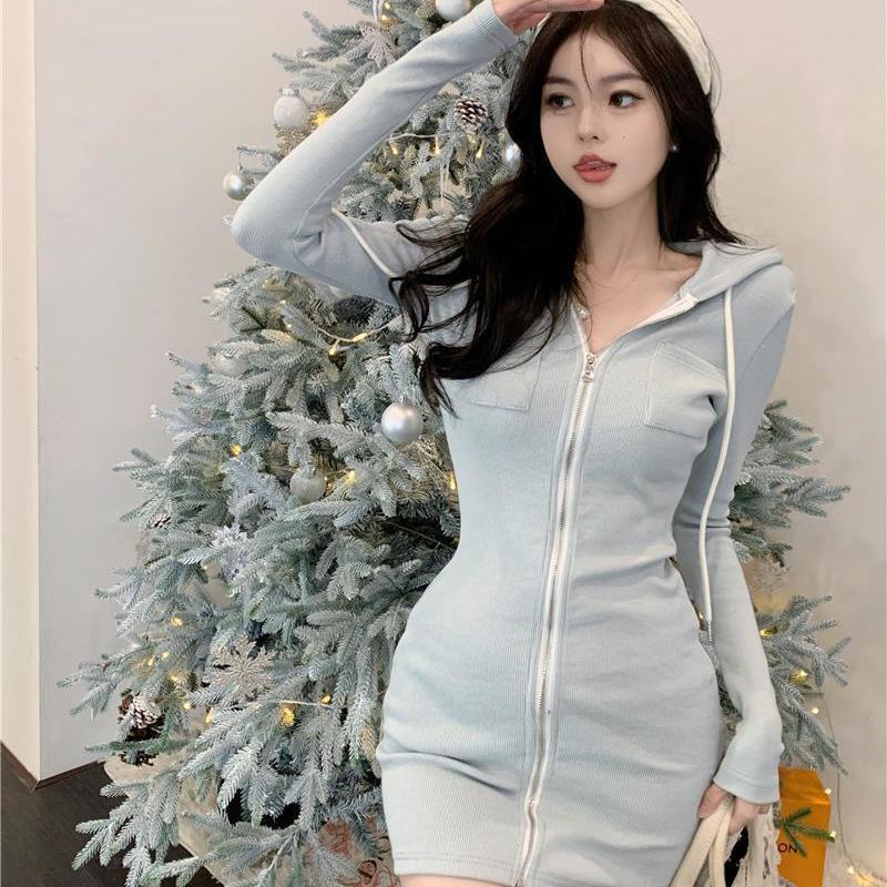 COZOK Đầm Dài Tay Có Mũ Phối Dây Rút Thời Trang