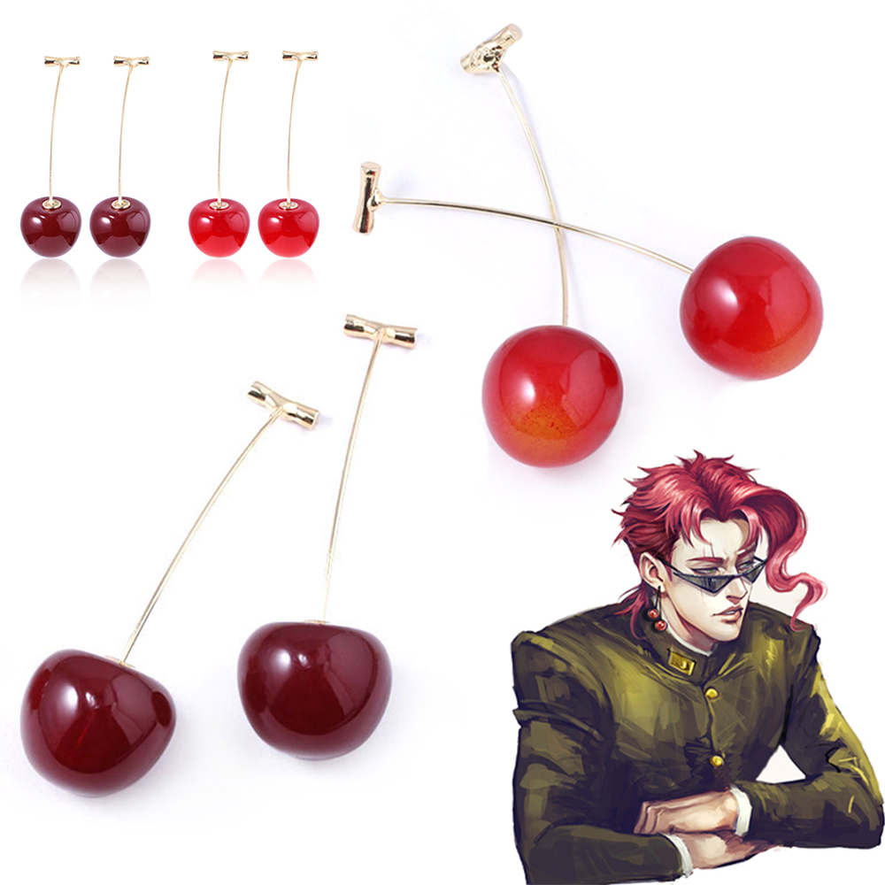 FORBETTER Women JoJos Bizarre Adventure Earrings Long Cherry Drop Earrings Anime Cosplay Earrings Heart Cherry Pierre Polnareff Men Kakyoin Noriaki Rohan Kishibe Ear Clip Earrings