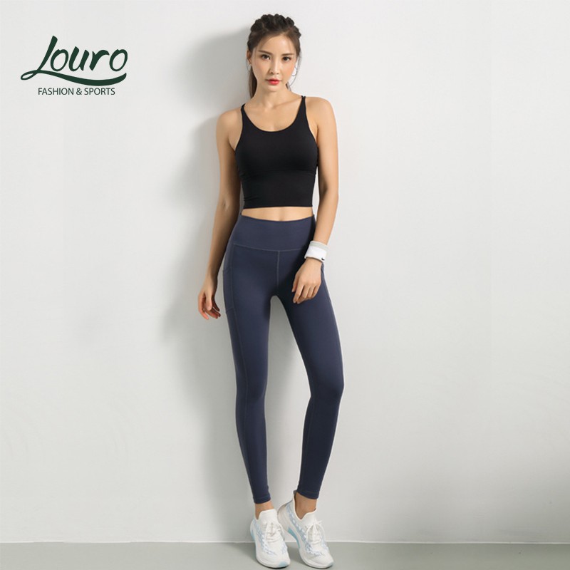 Áo bra tập gym nữ đan dây chéo Louro, dạng áo bra kiểu croptop mút liền, chất liệu co giãn phù hợp tập gym, yoga - LA28