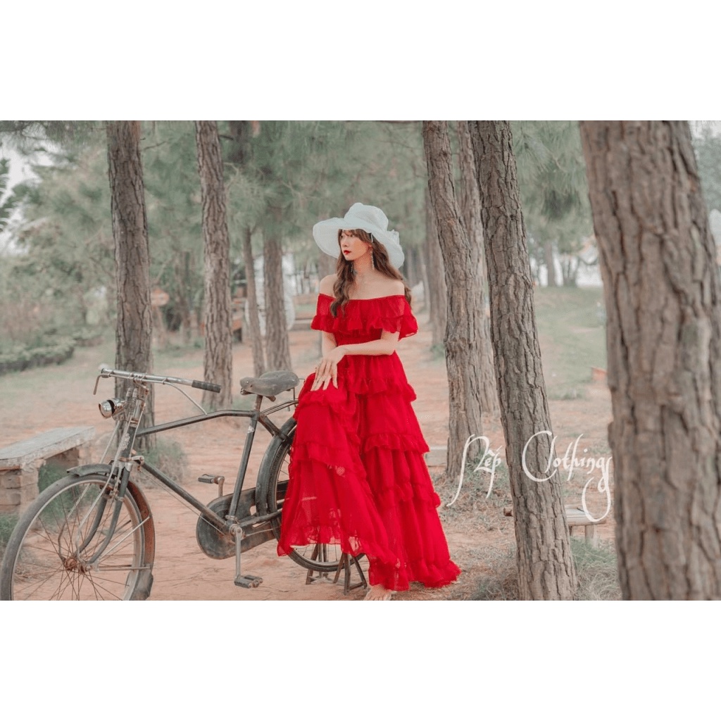 (Free ship) Mẫu Đầm Thiết Kế Hợp Thời Trang --- Đầm Maxi Voan Tầng Trễ Vai Đẹp Y HÌnh UP HHP Fashion