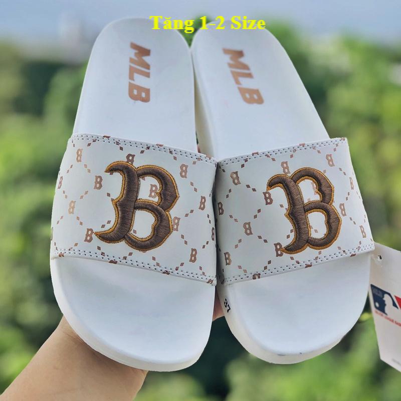 Dép unisex 𝐌𝐋𝐁 ❤️FREESHIP + Hộp❤️ dép mlb quai ngang thể thao nam n ữthêu nỗi chữ B,kèm tem tag mác đầy đủ trắng chữ nâu