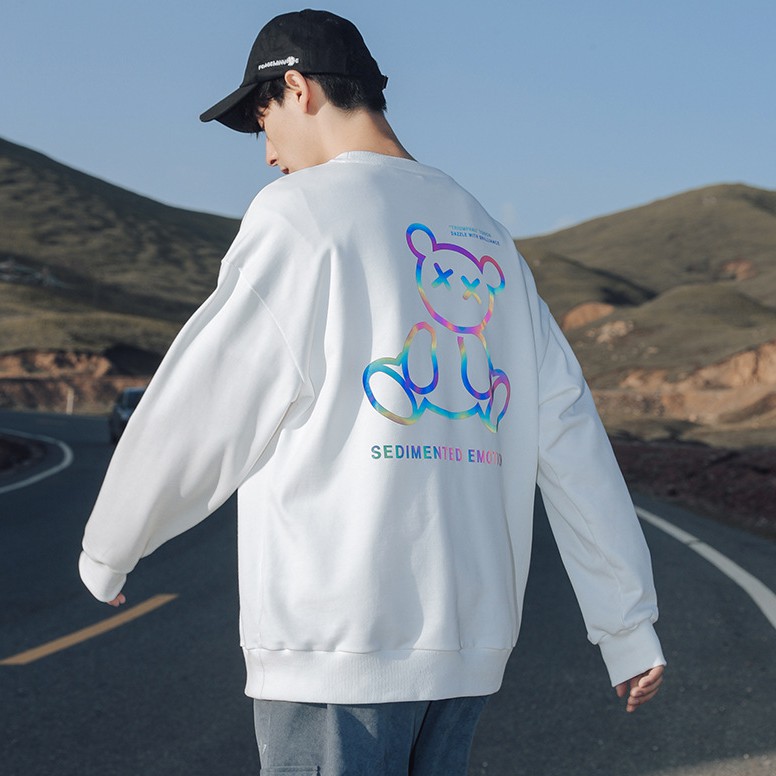 Áo Sweater Phản Quang HALEY trắng hình gấu Sedimented Unisex Form Suông Chất nỉ bồng đẹp mã HD73