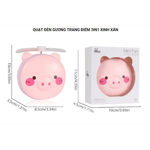 Quạt cầm tay mini bỏ túi 3 in 1 kiêm đèn ngủ,gương soi hình con heo kute ,ngộ nghĩnh