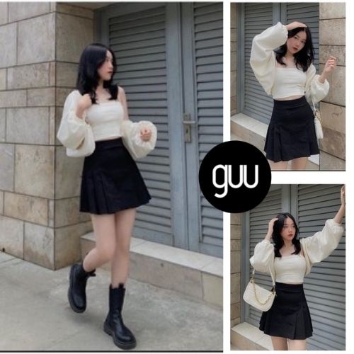 Set 3 món áo cardigan kèm áo croptop 2 dây ôm ngực mix chân váy xếp ly ngắn GUU