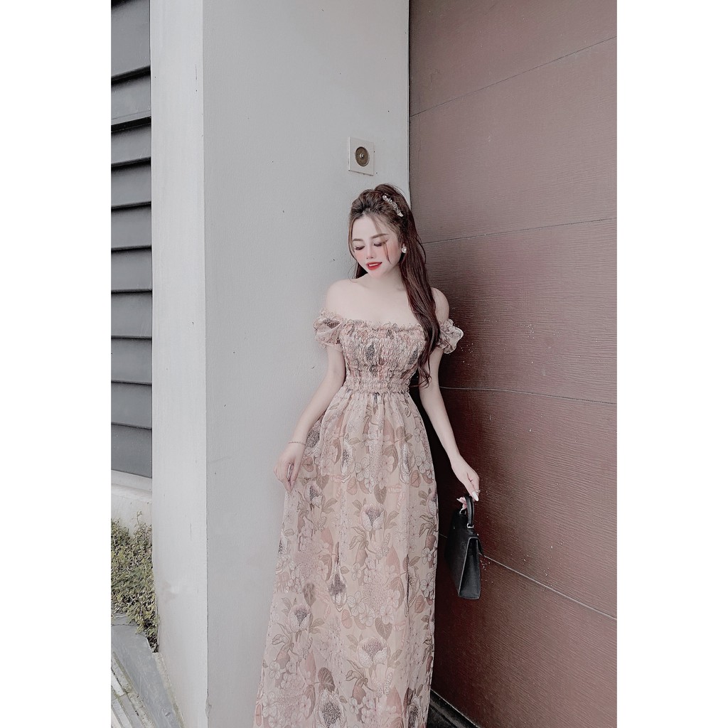 Đầm Maxi Hoa Cổ Vuông, Tay Ngắn Phồng, Nhún Ngực Chun Eo Ren Bèo, Dán suông (ECH012) - Vải Voan - 3 Màu Xanh, Hồng, Nude | BigBuy360 - bigbuy360.vn