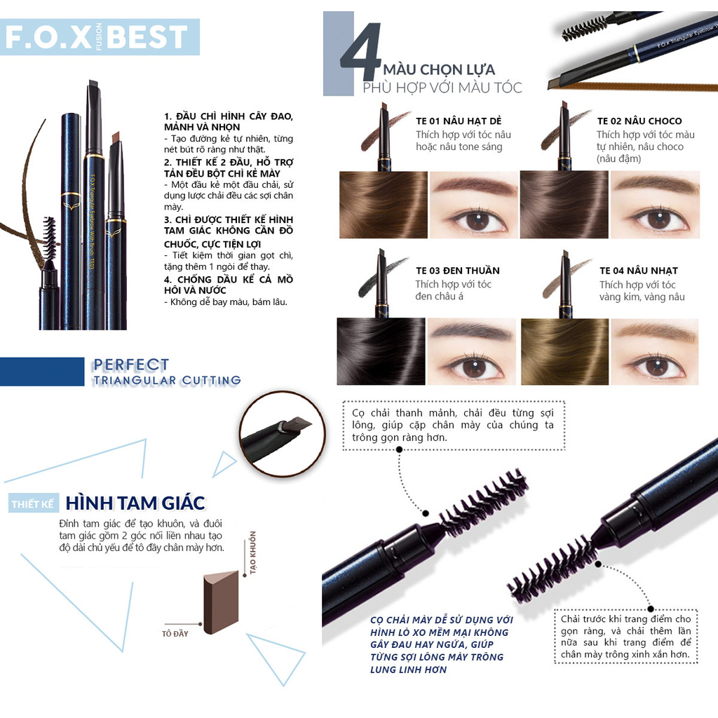 [Tặng kèm ngòi] Chì Kẻ Mày Đầu Tam Giác F.O.X Triangular Eyebrow With Mascara Brush 0.25g | BigBuy360 - bigbuy360.vn