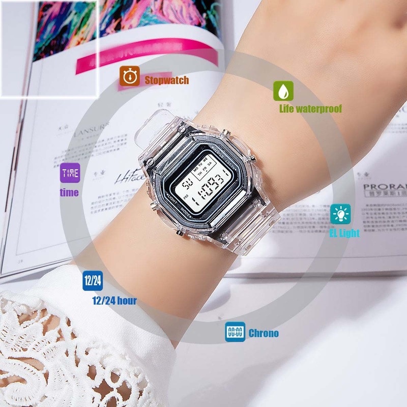 Đồng hồ điện tử mặt vuông nhỏ dây trong suốt đơn giản chống thấm nước phong cách Hàn Quốc cho học sinh | BigBuy360 - bigbuy360.vn