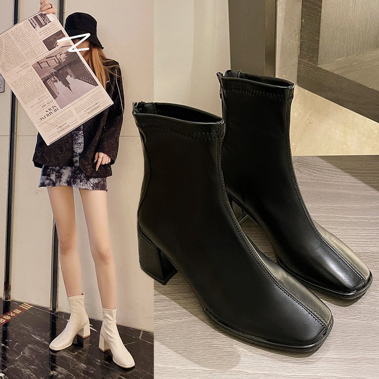 Giày bốt cao gót mũi vuông phối khóa kéo thời trang cho nữ