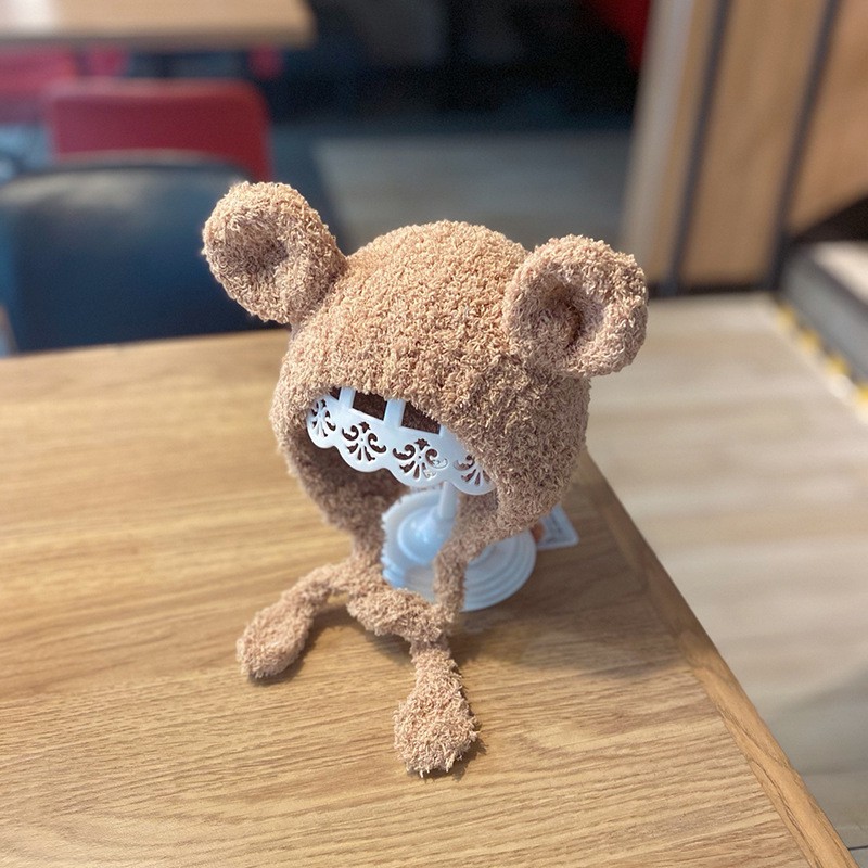 Mũ nón len thu đông hình chú GẤU XÙ LÔNG CÓ DAY BUỘC [ 02MV] cho bé trai bé gái từ 0-15 tháng tuổi.