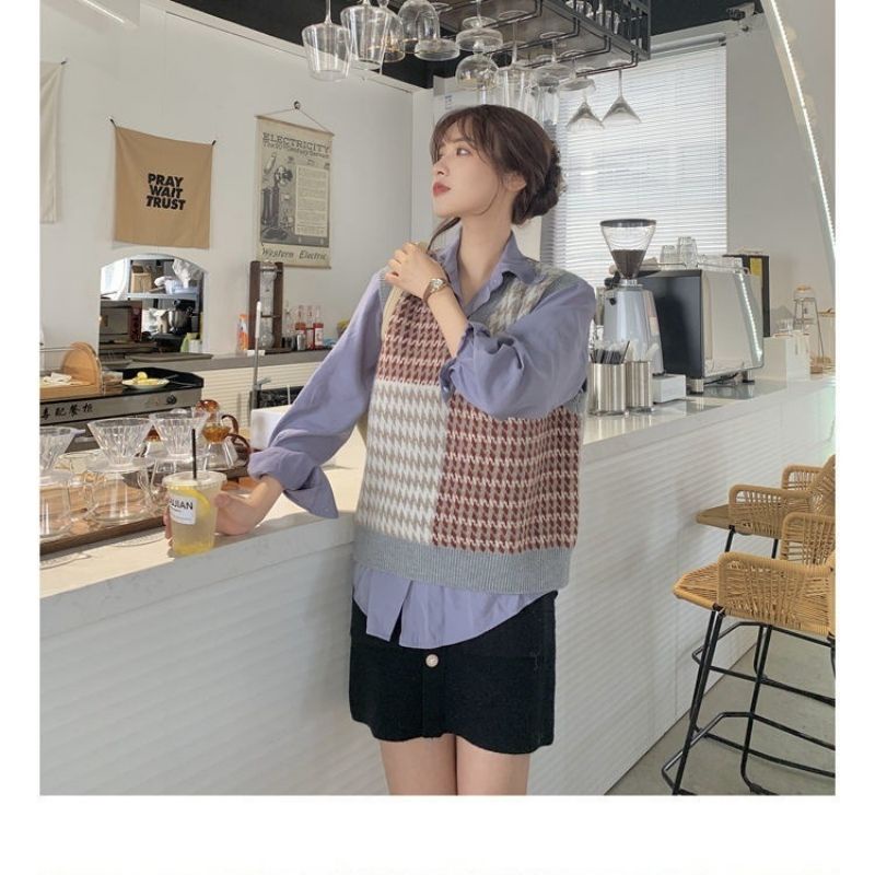 Áo len nữ kiểu dệt kim gile thổ cẩm cổ V phối kẻ sóng vintage thời trang Hàn Quốc hot hit FIZANO 252552366