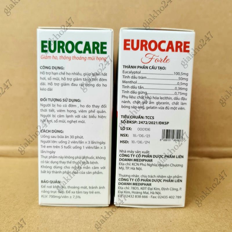 Eurocare - Giảm ho, thông thoáng mũi họng - Hộp 100 viên