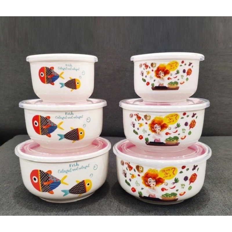 Bộ 3 Thố Sứ Đựng Thực Phẩm- Mẫu Ngẫu Nhiên - Có Nắp Hút Chân Không- Hoạ Tiết Ngẫu Nhiên