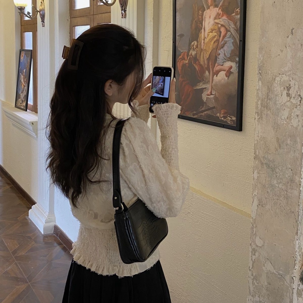 Áo kiểu tay dài cổ chữ V ôm dáng vải ren phong cách Phương Tây dễ phối đồ thời trang dành cho nữ