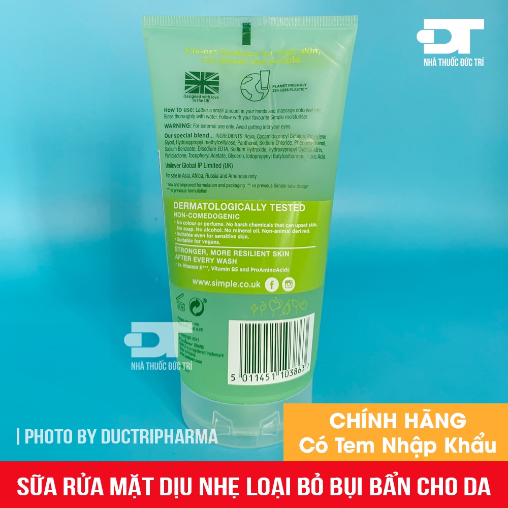 Sữa rửa mặt Simple Gel Kind To Skin Refreshing Facial Wash Gel 150ml giúp da sạch thoáng & không chứa xà phòng
