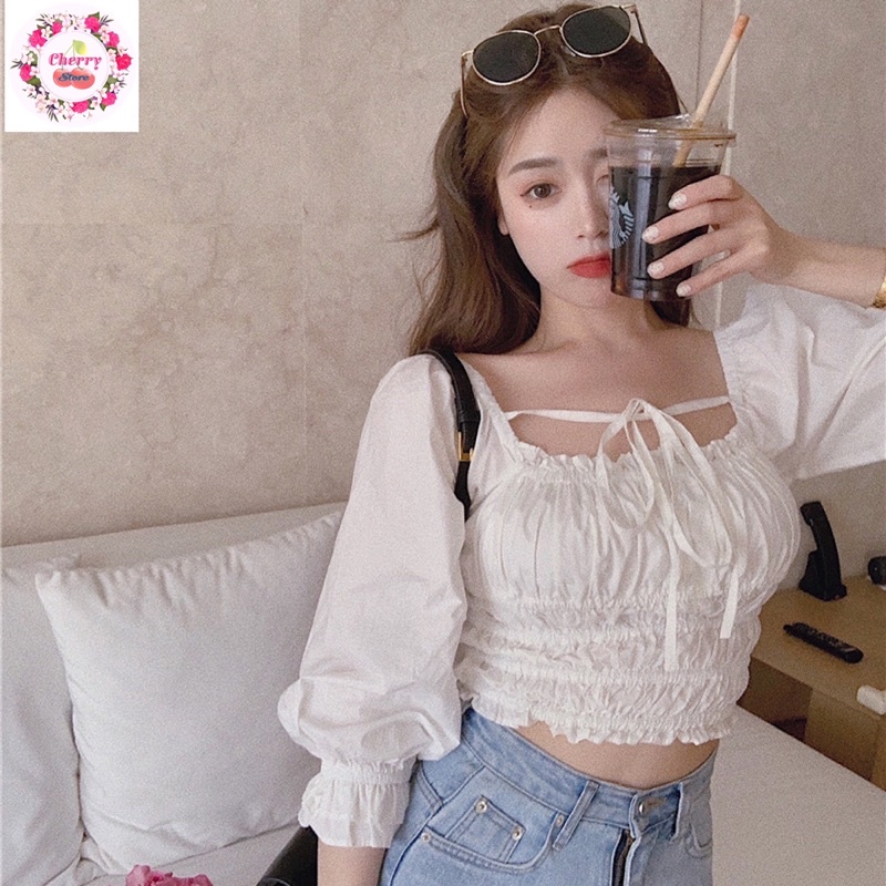 Áo sơ mi trắng dáng crotop nhúm nhúm ngực kiểu Hàn Quốc SM09