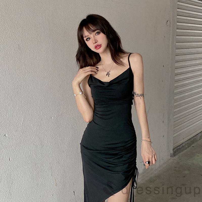 DRE-Women´s Slip Dress, Solid Color Sleeveless Drawstring Tie-Up Irregular Hem Backless Slim Dress