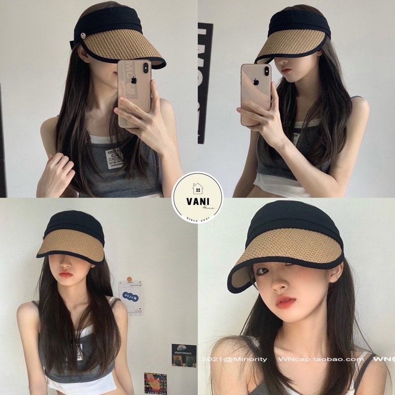 Mũ cói đi biển nửa đầu rộng vành chống nắng style HQ gấp gọn tiện lợi - Nón cói nữa đầu du lịch che nắng chống tia UV