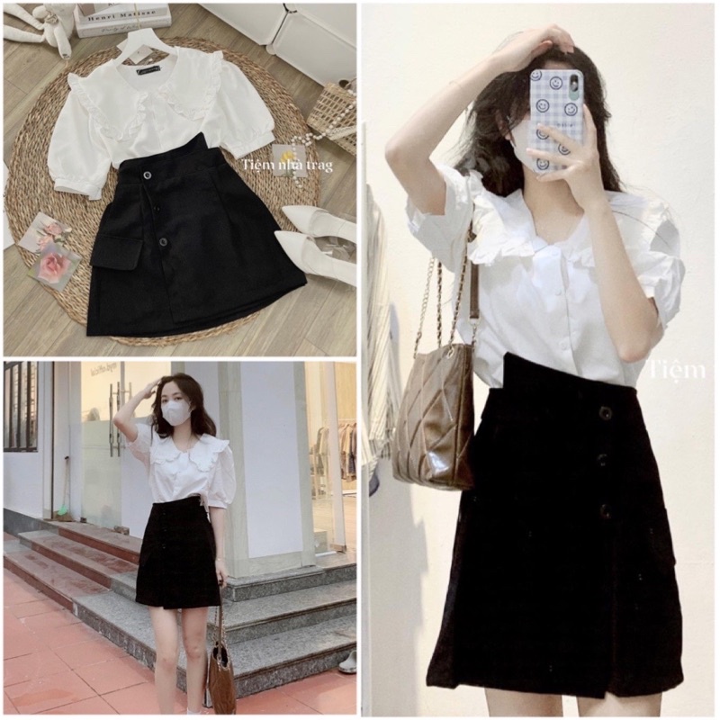 Set Bộ Nữ Áo Sơ Mi Bèo Kèm Chân Váy Cúc ,Sét Váy Ngắn Xòe Mix Áo SM Cộc Tay Mẫu Mới Hot Hit
