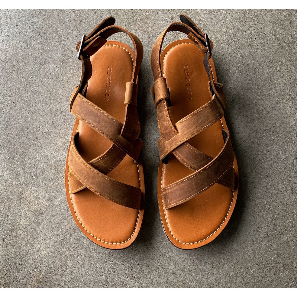 (Không xỏ ngón) Spartacus sandal màu nâu - Xăng đan da bò cao cấp, dép xăng đan du lịch..